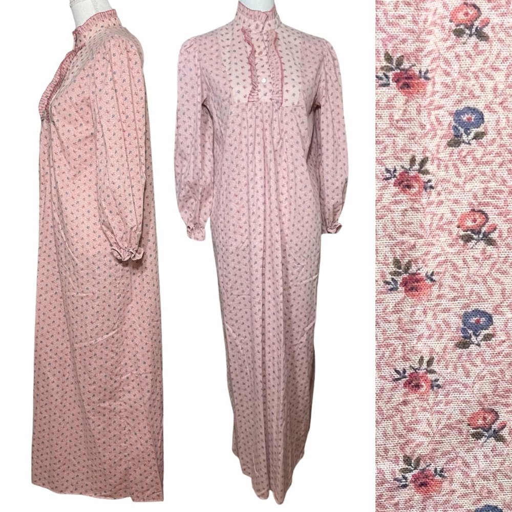Floral Victorian Nightdress M Blush Pink Ditsy Calico Pleated High Neck Gown